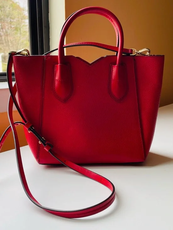 Michael Kors Red Pebbled Leather Satchel with Gold Logo Charm - Picture 3 of 6